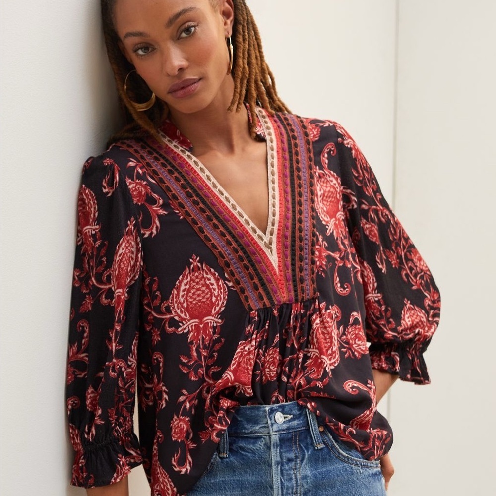 Anthropologie Bl-nk Floral Embroidered V-Neck Top